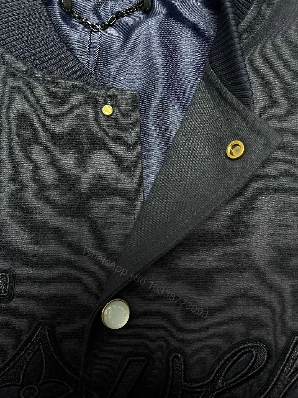 View 2 of Black Embroidered Satin-Texture Varsity Jacket, Luxe Streetwear