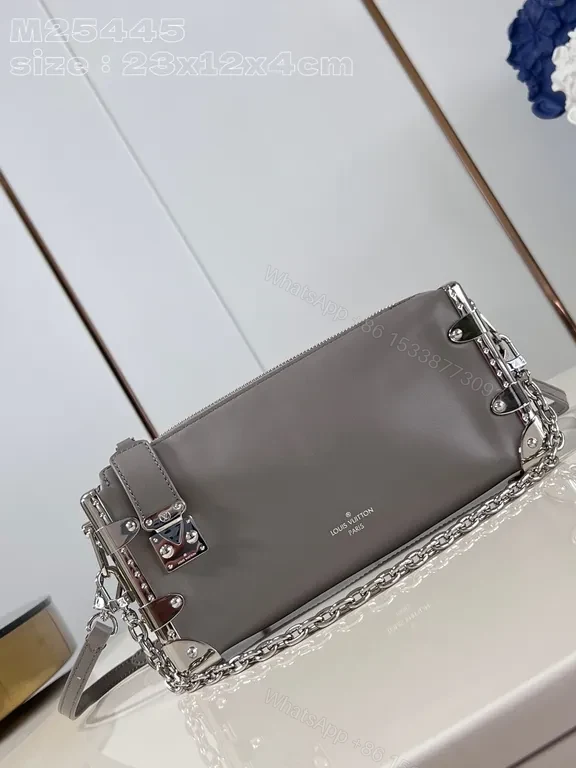Grey Leather Boxy Satchel, Silver Chain, LV Logo, Top Zip Bag — view 1