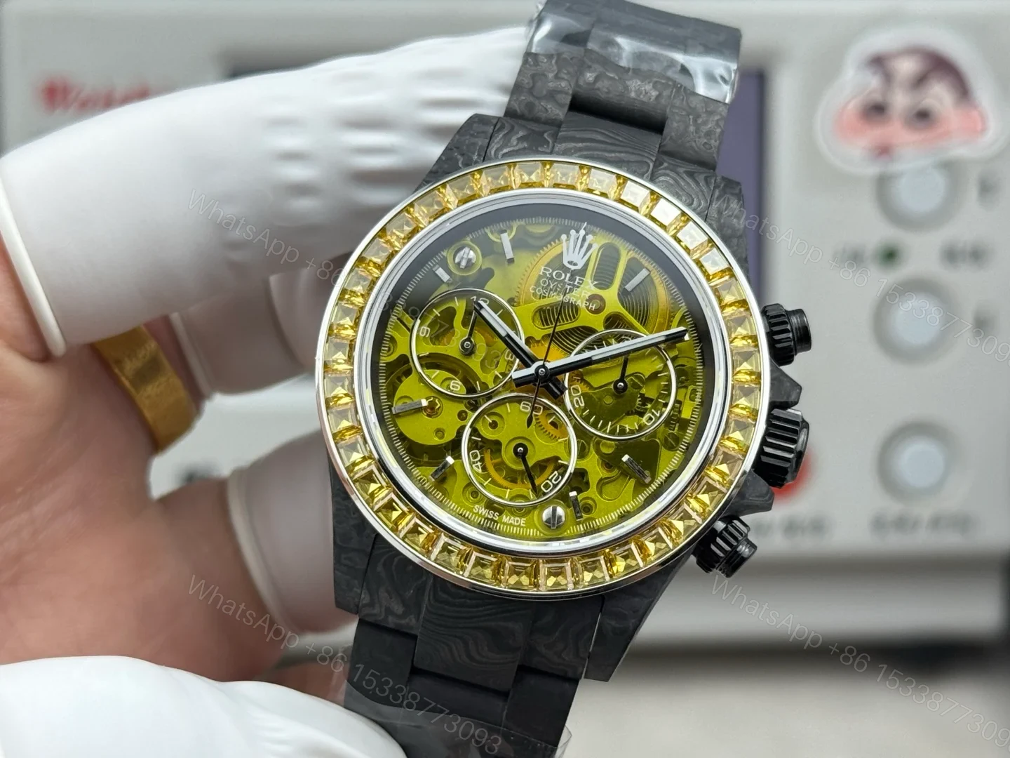 View 3 of Carbon Fiber Daytona Yellow Skeleton Chronograph Watch 40mm Yellow Bezel Carbon Strap Automatic DAY-CARBON-YELLOW-SKELETON-40MM