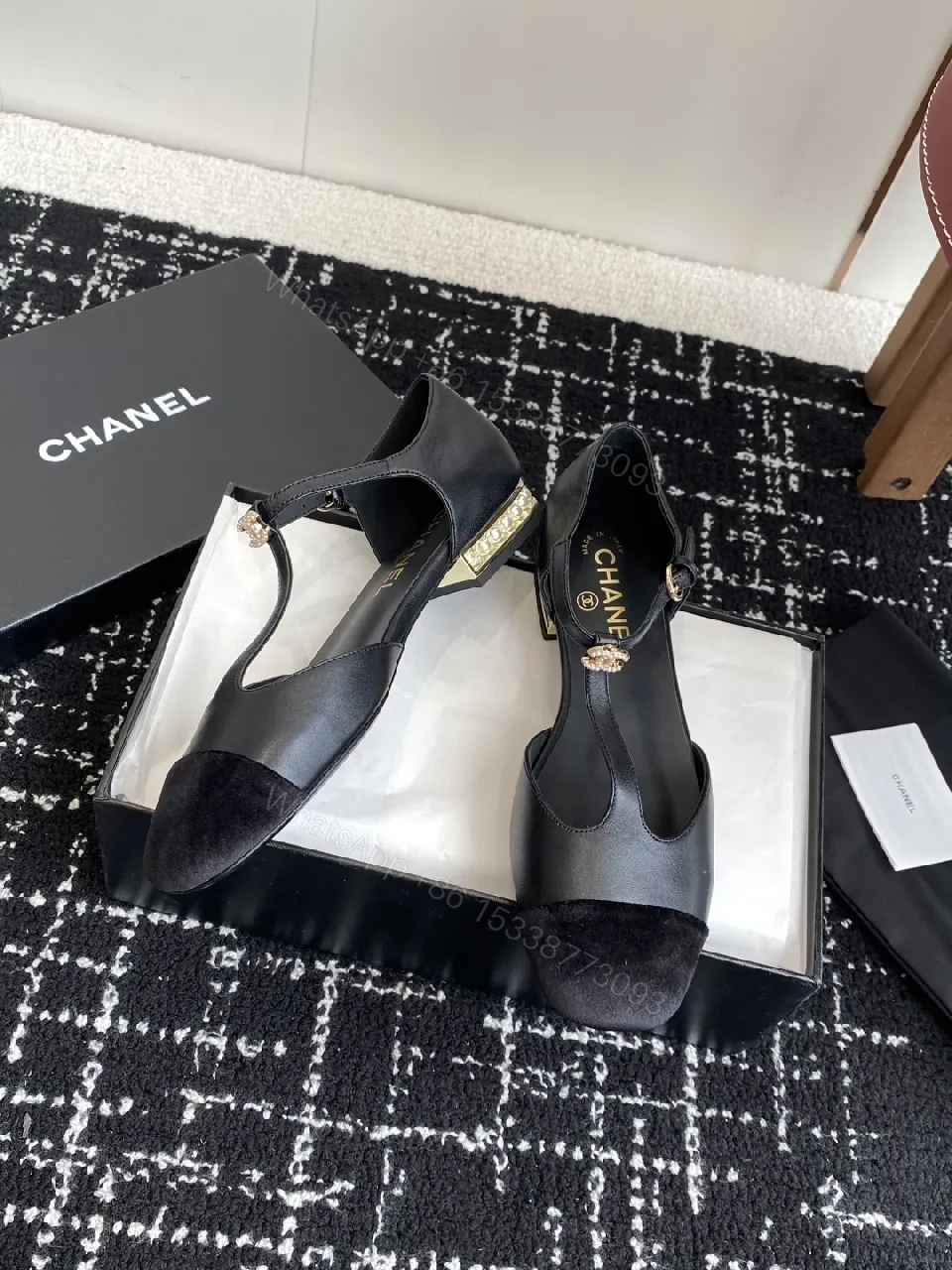 View 2 of Black Satin & Suede Slingback Heels with Gold Hardware