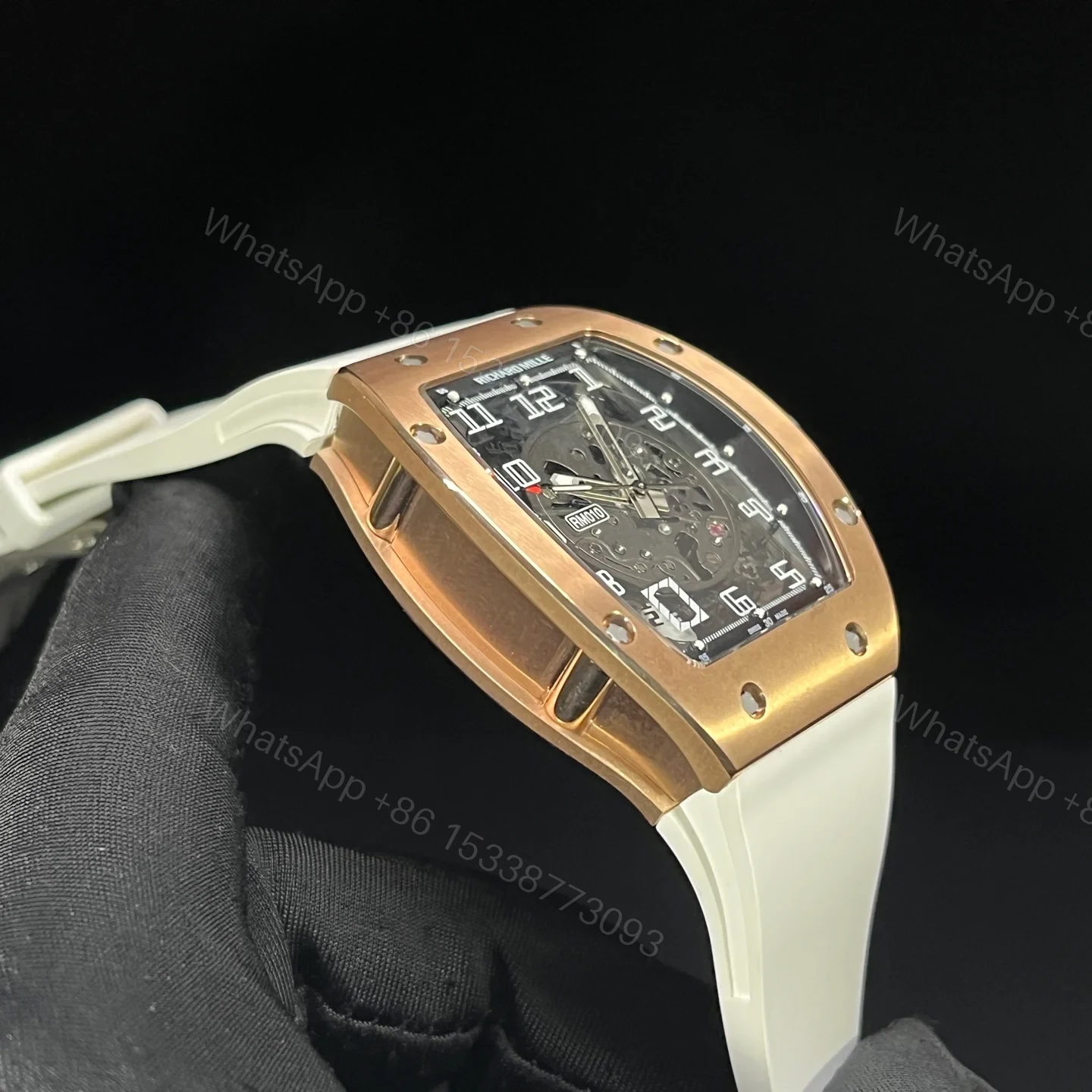 View 6 of Richard Mille RM010 Titanium Skeleton Automatic Gold Bezel White Strap Watch RM010-GW