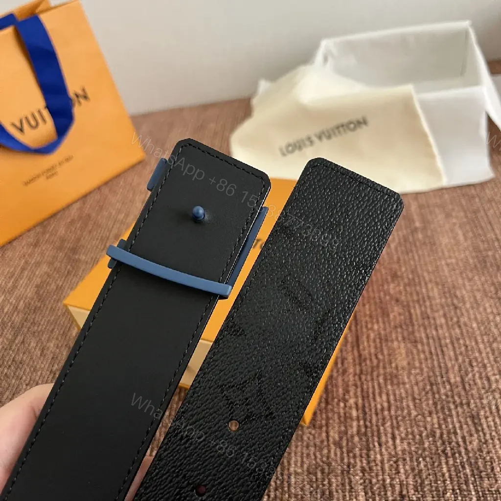 View 9 of Black Belt with Blue LV Logo Buckle, Pebbled Leather, Classic Style
