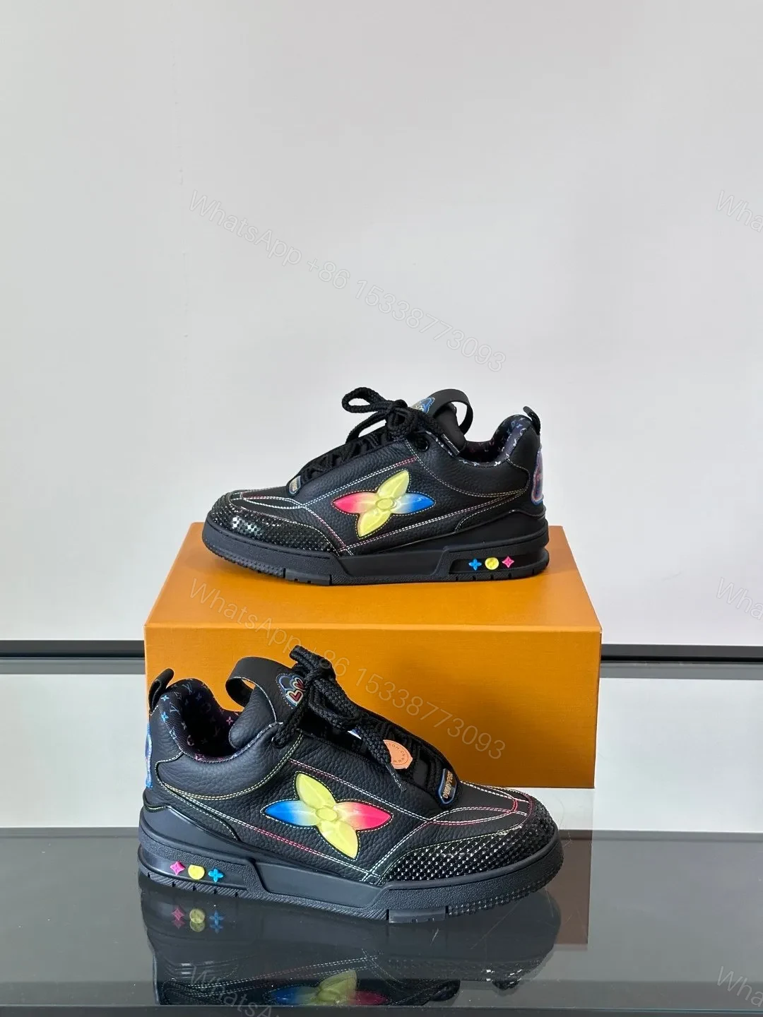 View 3 of LV Men Black Leather Colorful Accent Sneakers