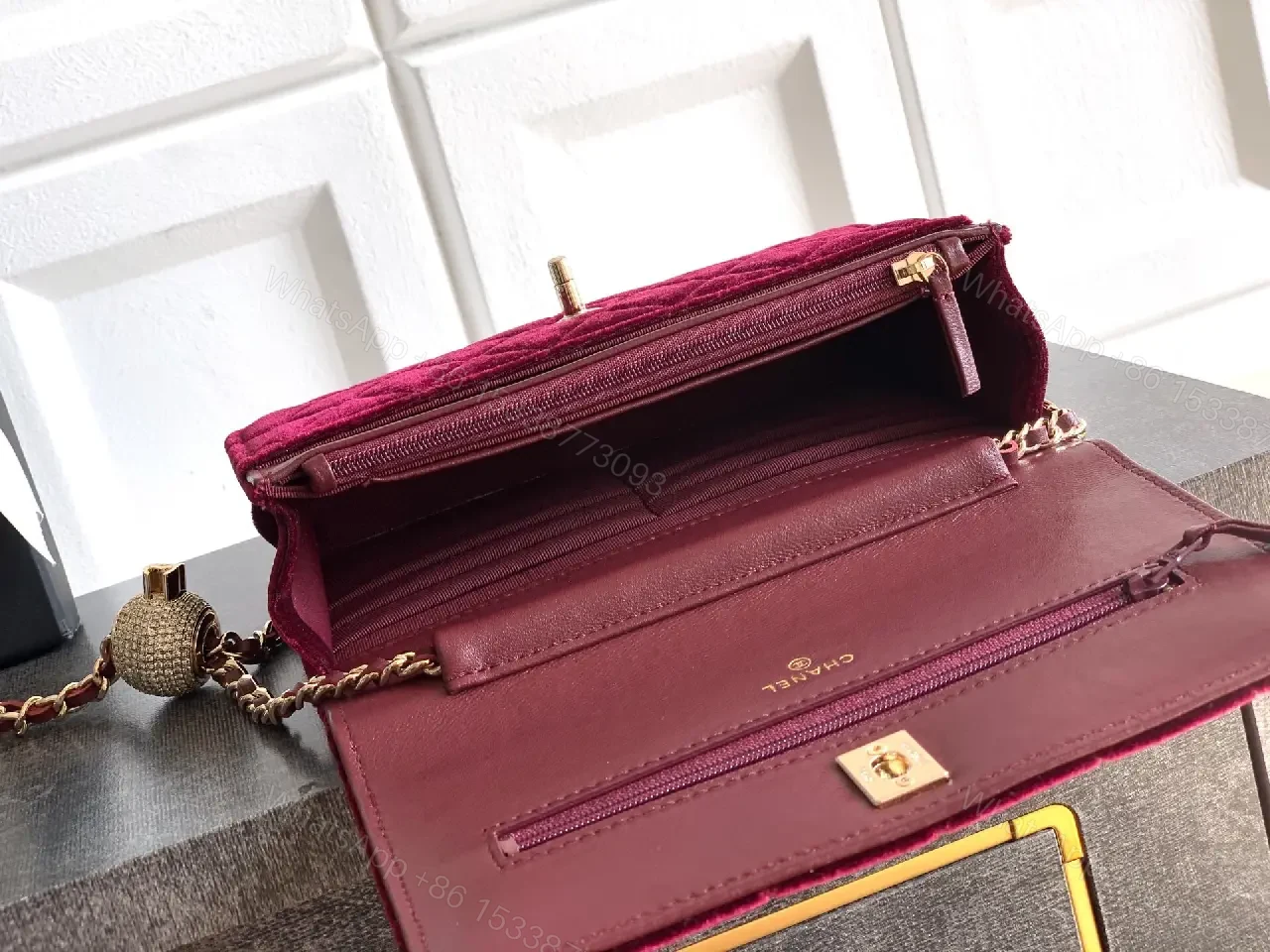 View 7 of Velvet Crossbody Bag: Burgundy, Gold Hardware, Quilted Chic