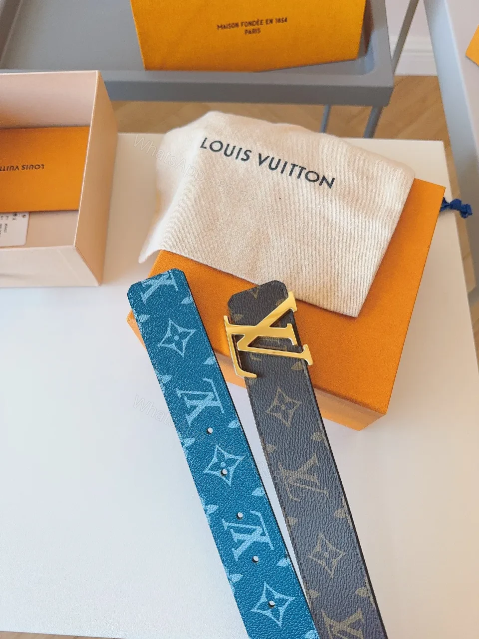 View 7 of Compact Luxury Belt: Monogram Canvas, Gold Buckle, Modern Style