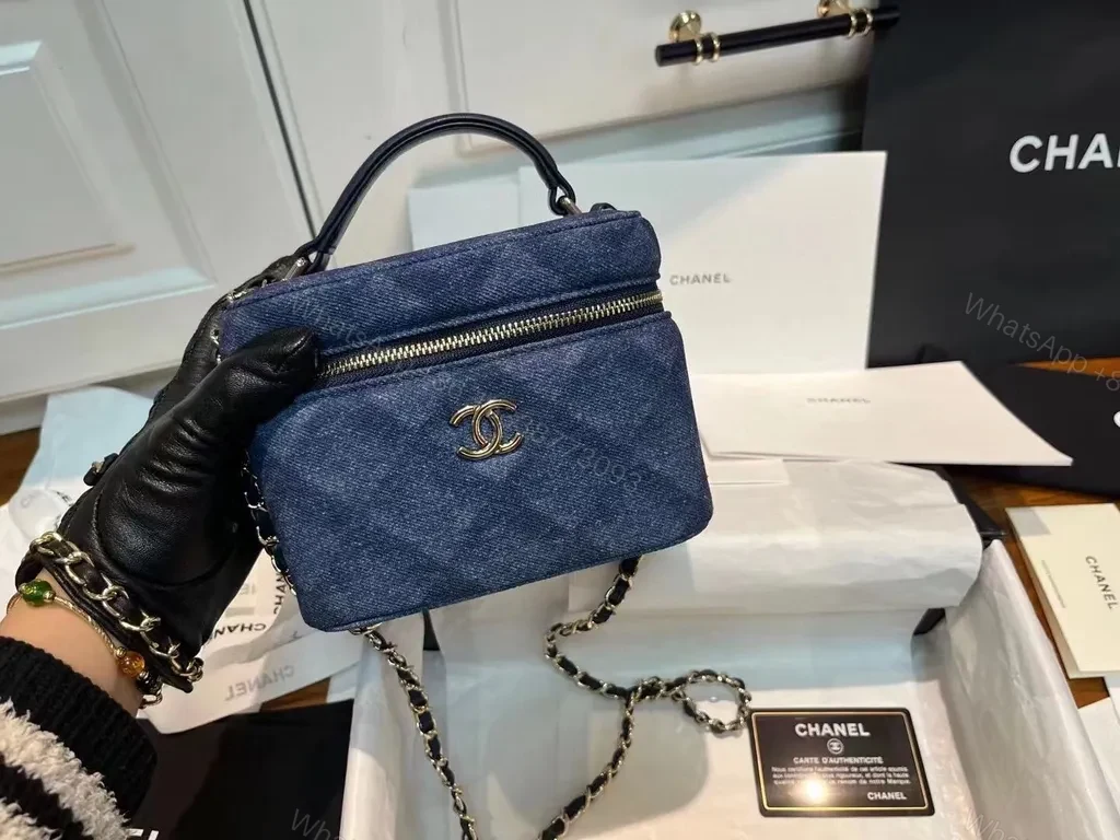 View 8 of Mini Denim Chanel Logo Crossbody â€“ City-Chic Compact Bag