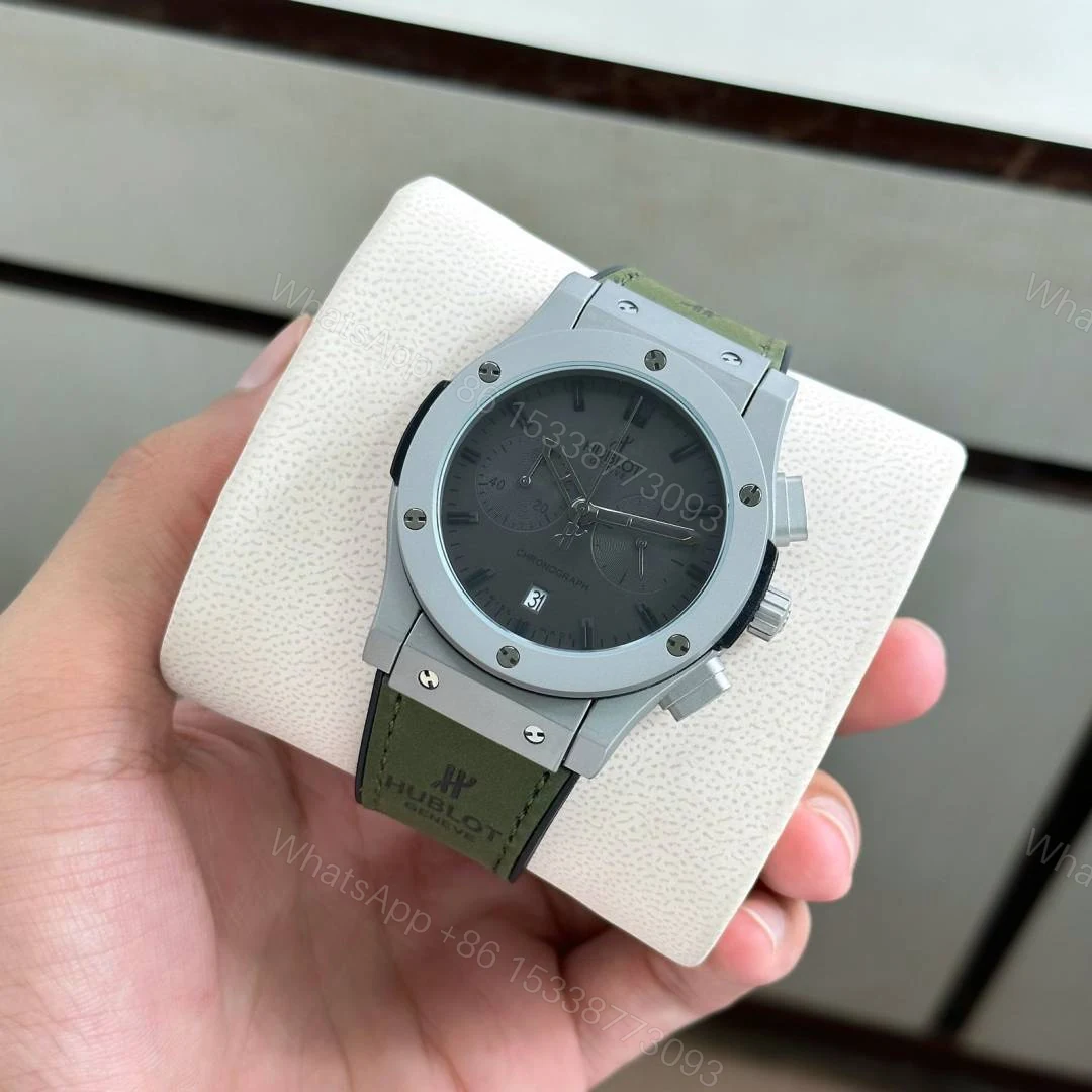 View 4 of First Copy Hublot Big Bang Chronograph Automatic Watch With Grey Dial And Olive Green Leather Strap