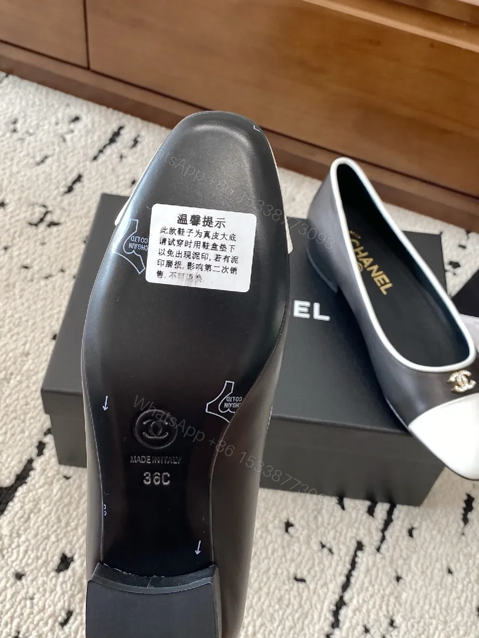 View 2 of Two-Tone Leather Slip-On Flats with White Cap Toe