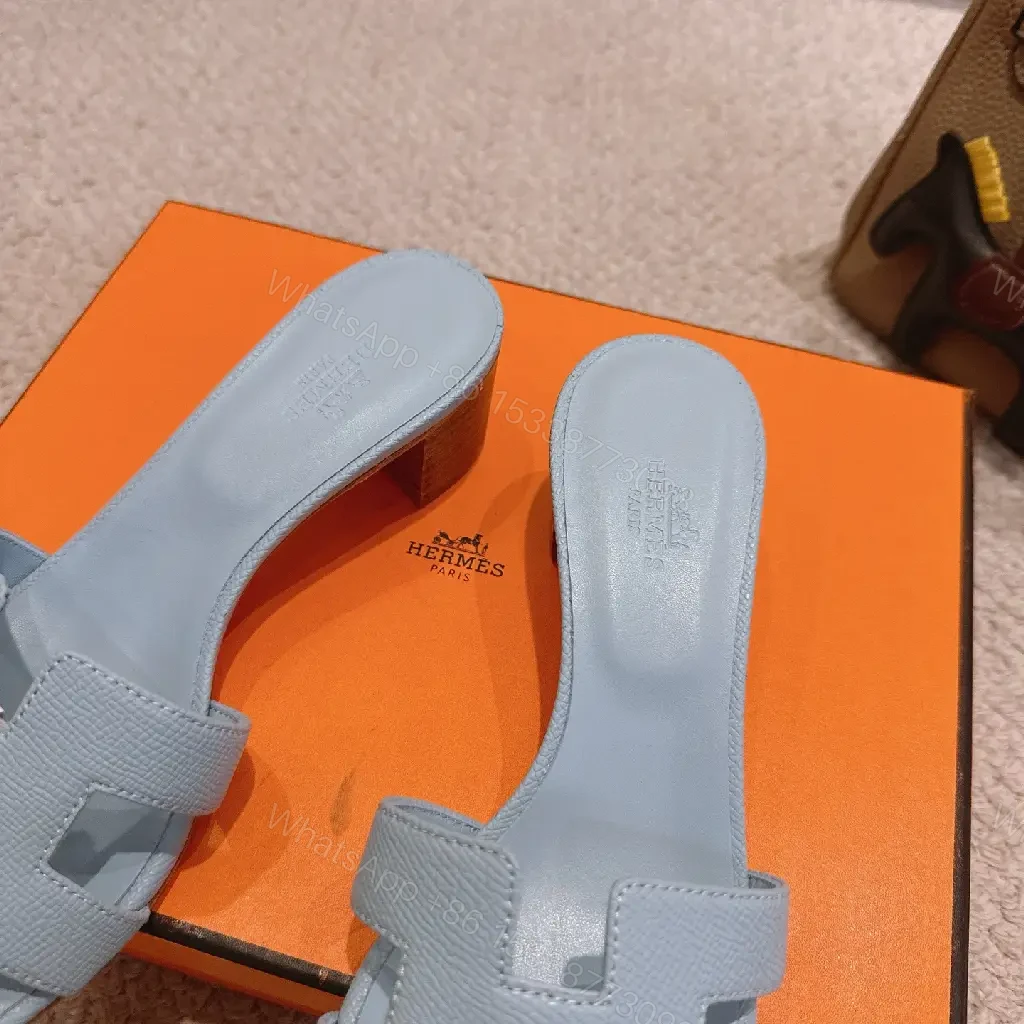 View 9 of Blue Leather Sandals Classic Hermes-Style Open-Toe Sliders