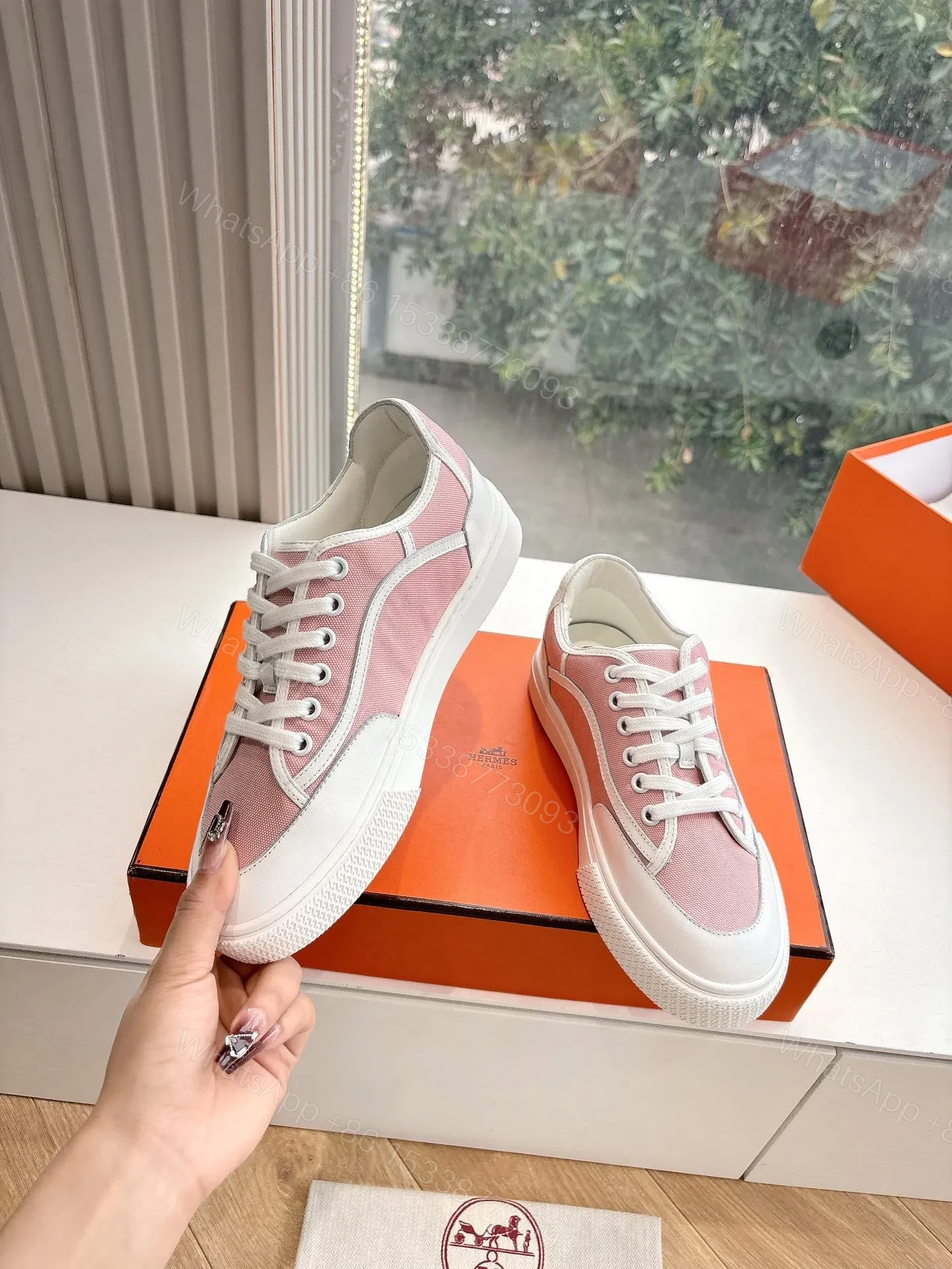 View 6 of Hermes Women Pink Canvas And White Leather Sneakers