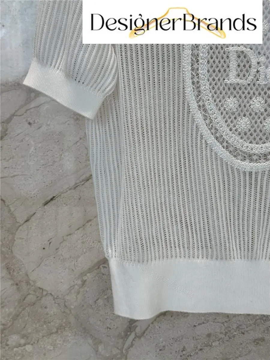 View 4 of White Knit Mesh Top with Dior Crest Embroidered Detail (No Brand Details)