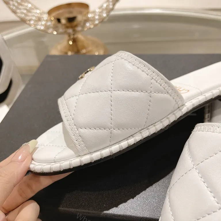 View 6 of White Quilted Slides with Gold Logo â€“ Couture-Inspired Sandals
