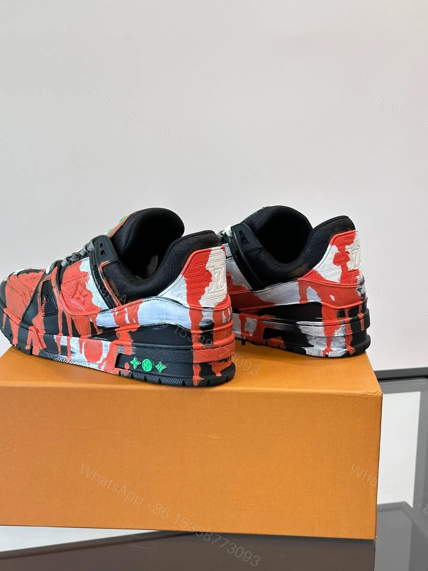 View 5 of LV Men Black Red Painted Leather Sneakers