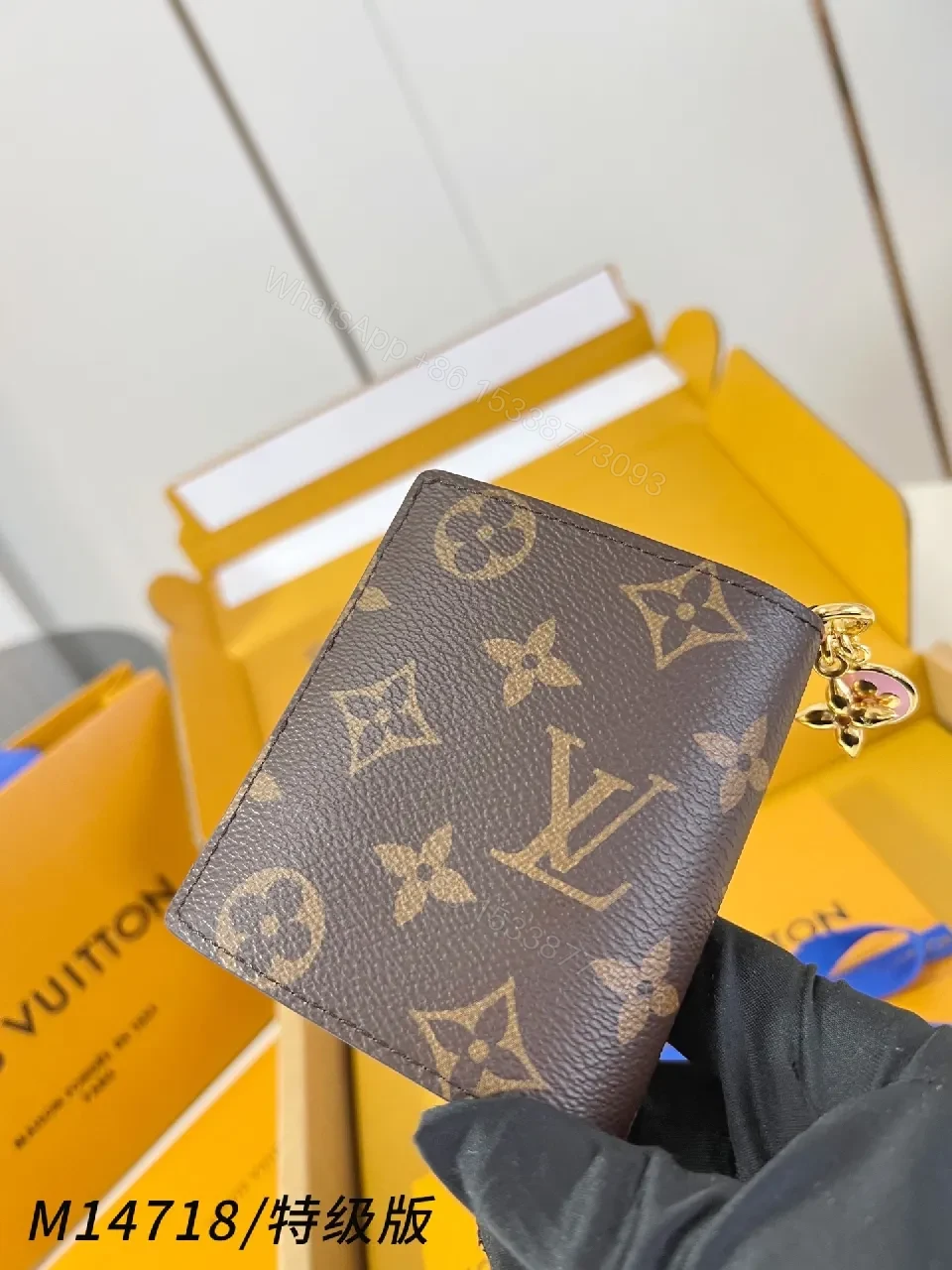 Brown Monogram Compact Wallet with Gold Charm, Luxe Style — view 1