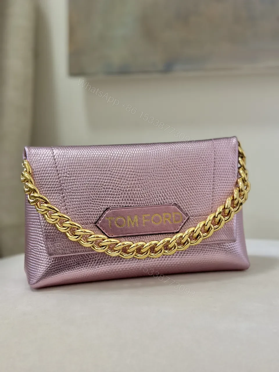 View 8 of Chic Metallic Wallet on Chain: Textured Pink Leather, Gold Chain, Luxury Style, Cardholder Wallet