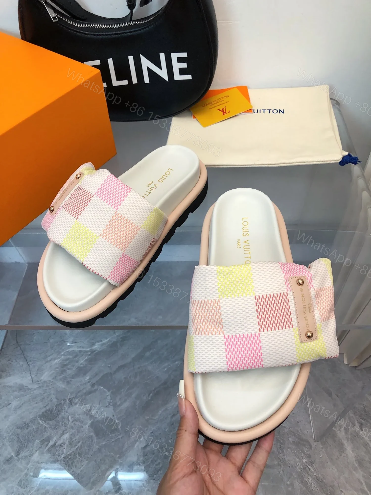 View 3 of LV Women Pastel Checkered Fabric White Slide Sandals