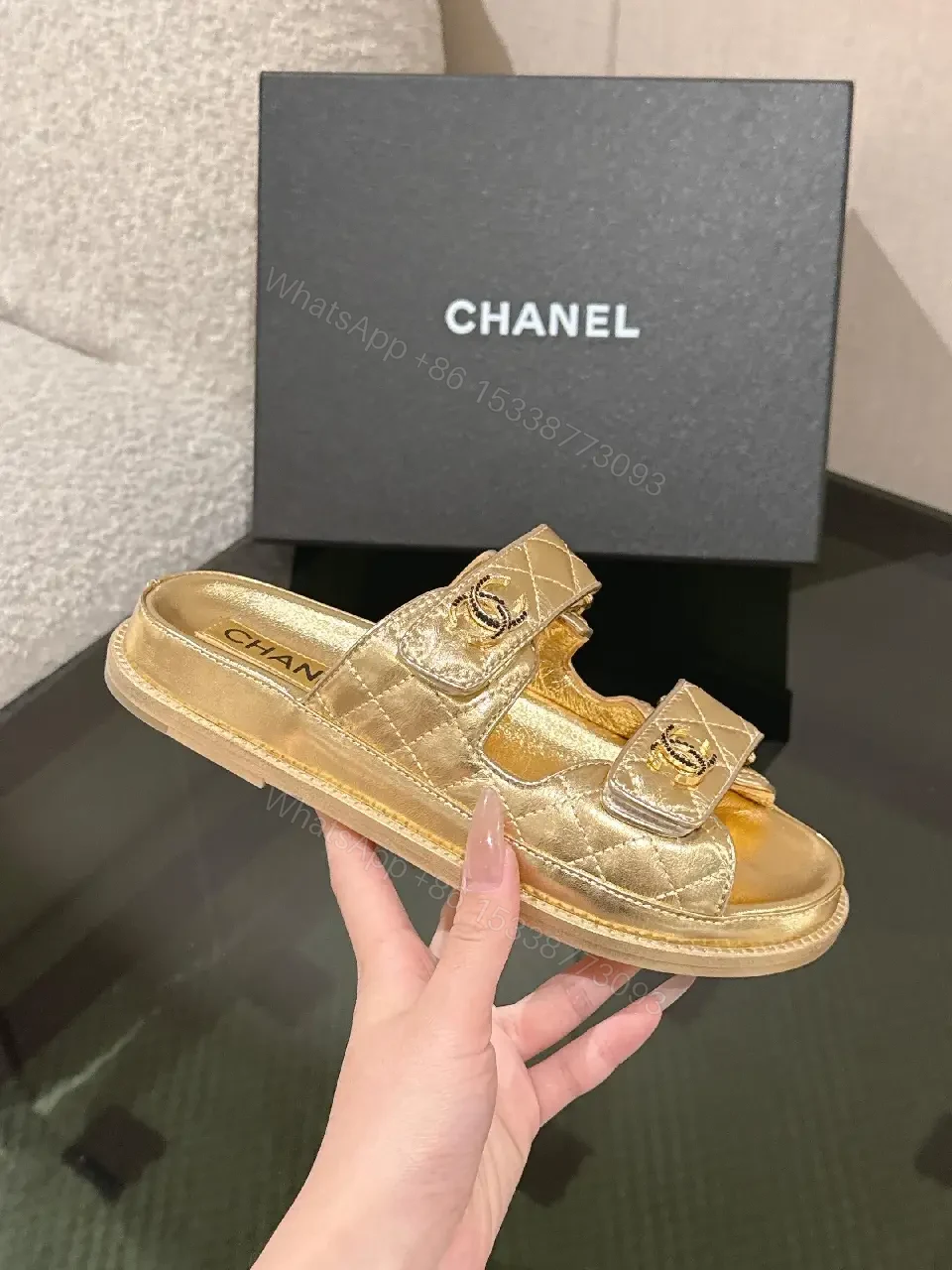View 6 of Gold-Tone Leather Slides with Double Straps, Luxury Everyday Comfort