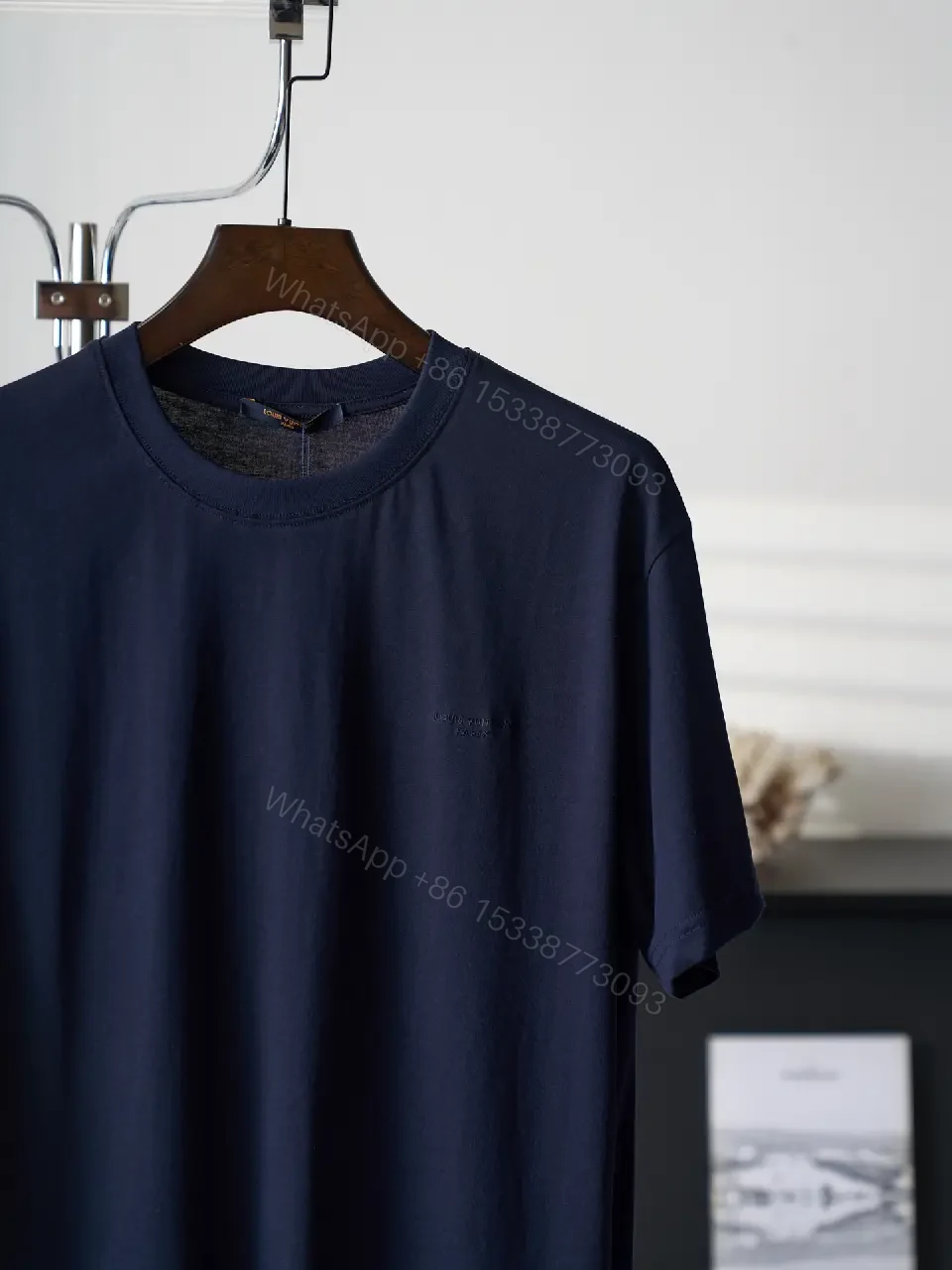 View 5 of Dark Navy Short-Sleeve Crew Neck T-Shirt, Smooth Knit, Soft Drape