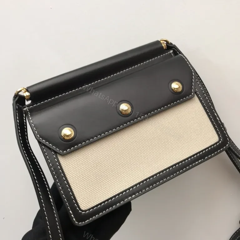 View 6 of Beige Canvas & Black Leather Crossbody: Bold Brand Duo