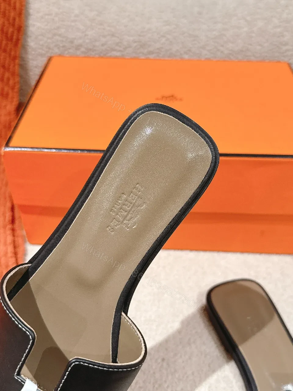 View 9 of Patterned Stride Sandals in Black Leather – Luxury Flat Slides