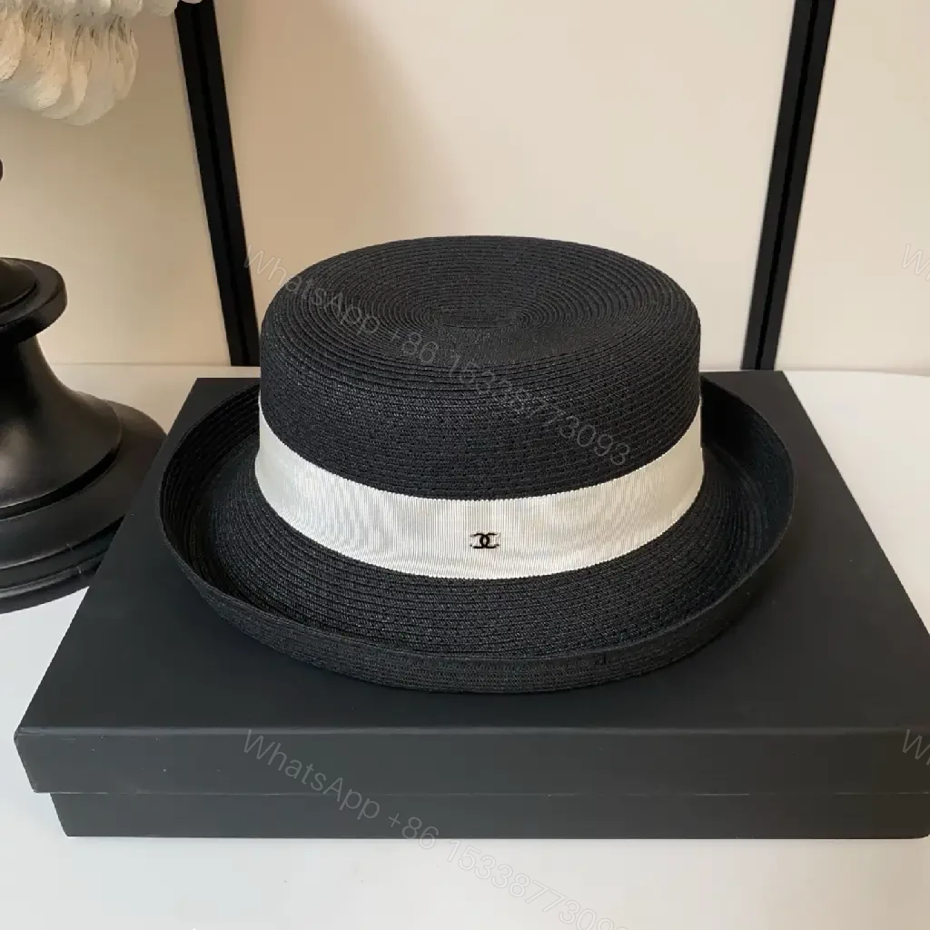 View 4 of Black Straw Fedora Hat with Beige Band Chanel Logo - Classic Style