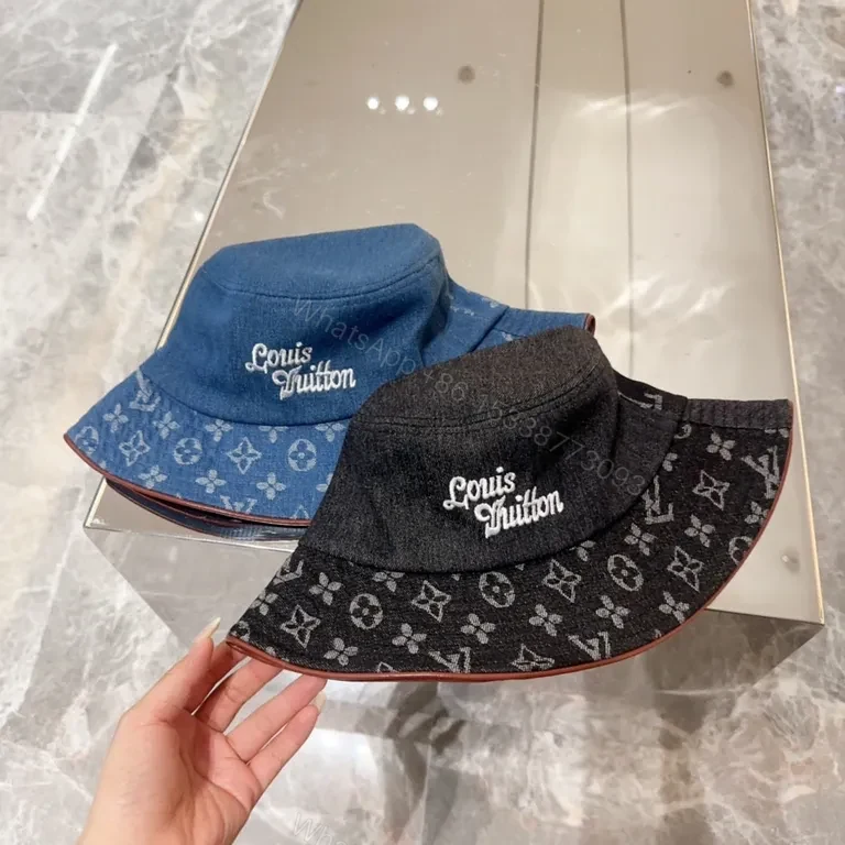 View 4 of Denim Bucket Hat with LV Monogram Accents - Modern Texture