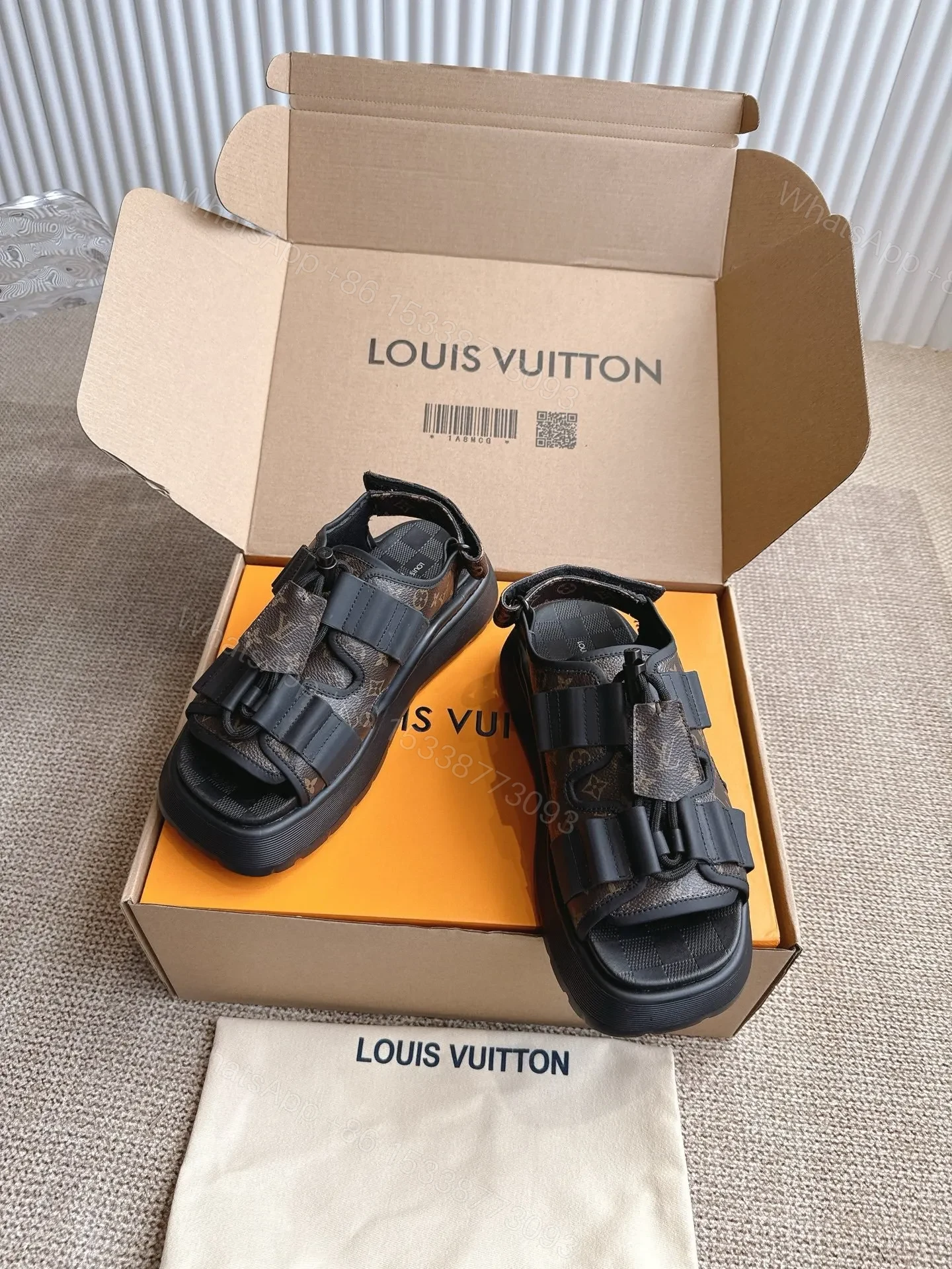 View 3 of LV Women Brown Leather Patterned Sandals