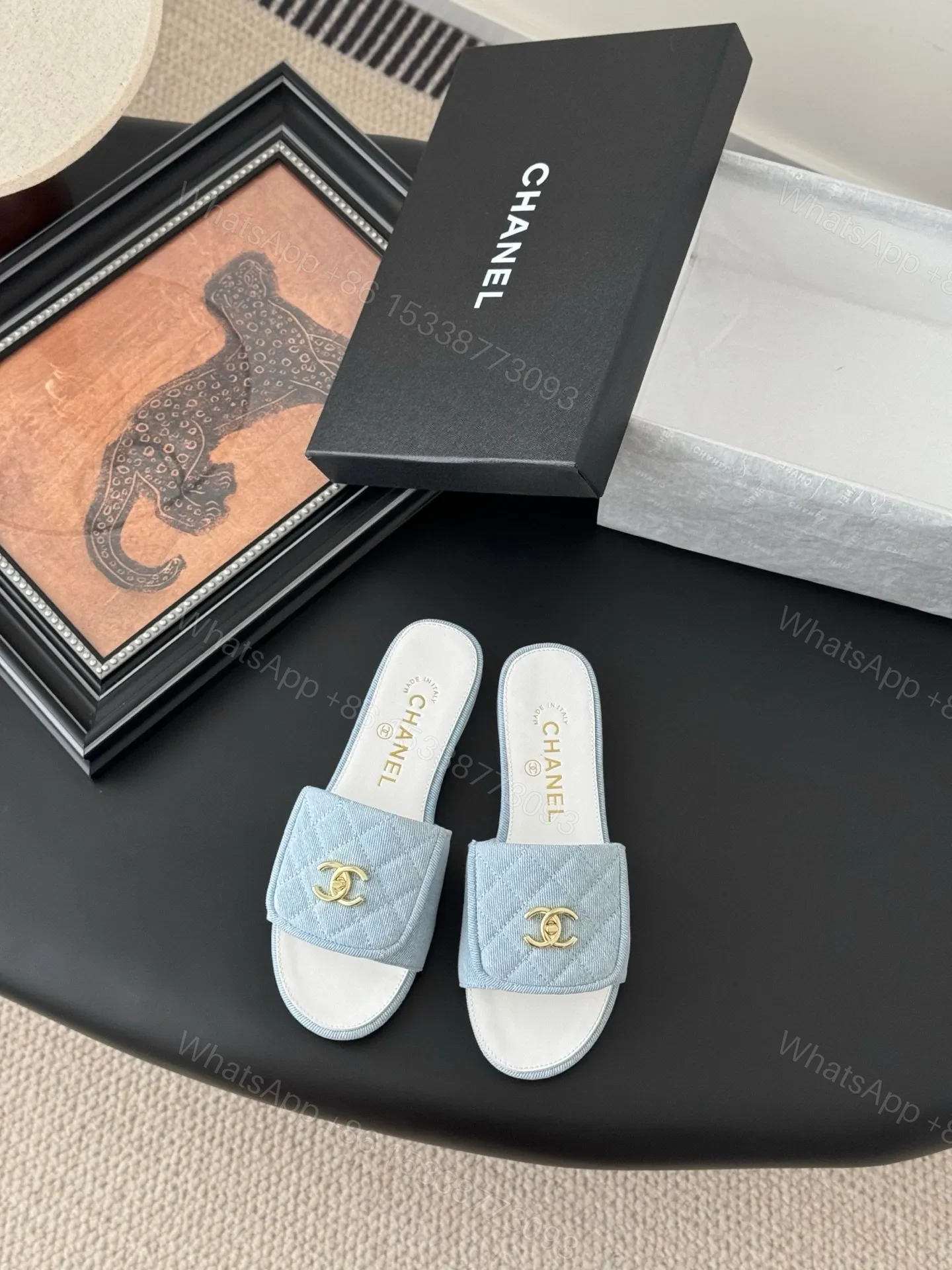 Chanel Women Light Blue Quilted Fabric Slides — view 1