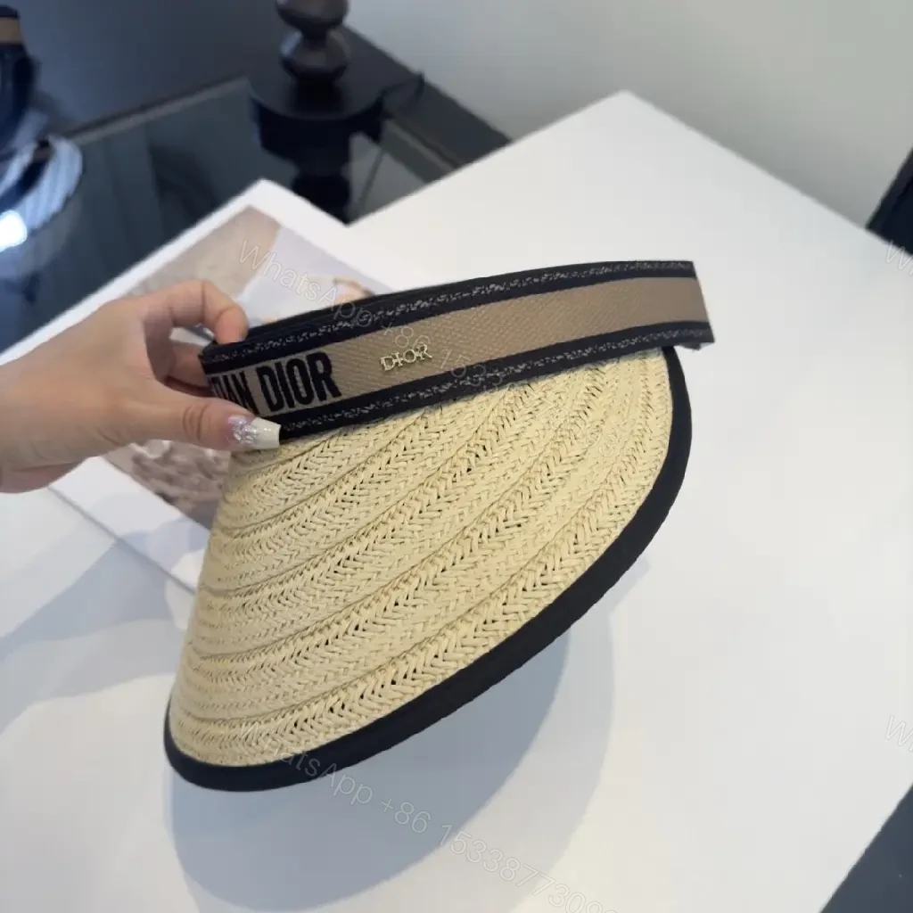 View 9 of Beige Braided Straw Visor Hat with Black Trim and Band