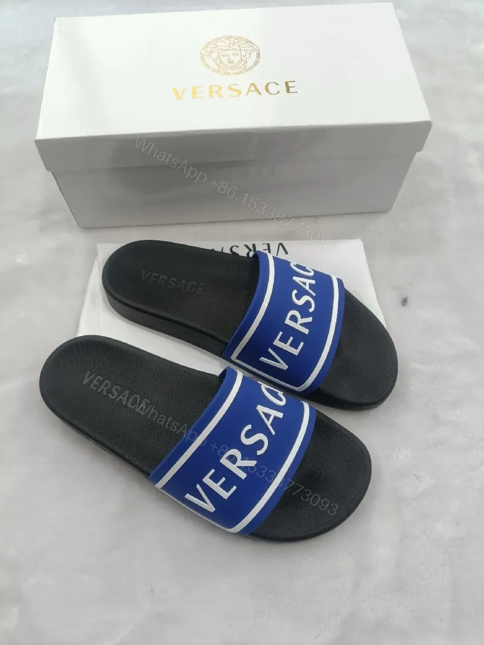 View 8 of Bold Logo Stride Sliders: Blue-White Luxury Comfort Sandals