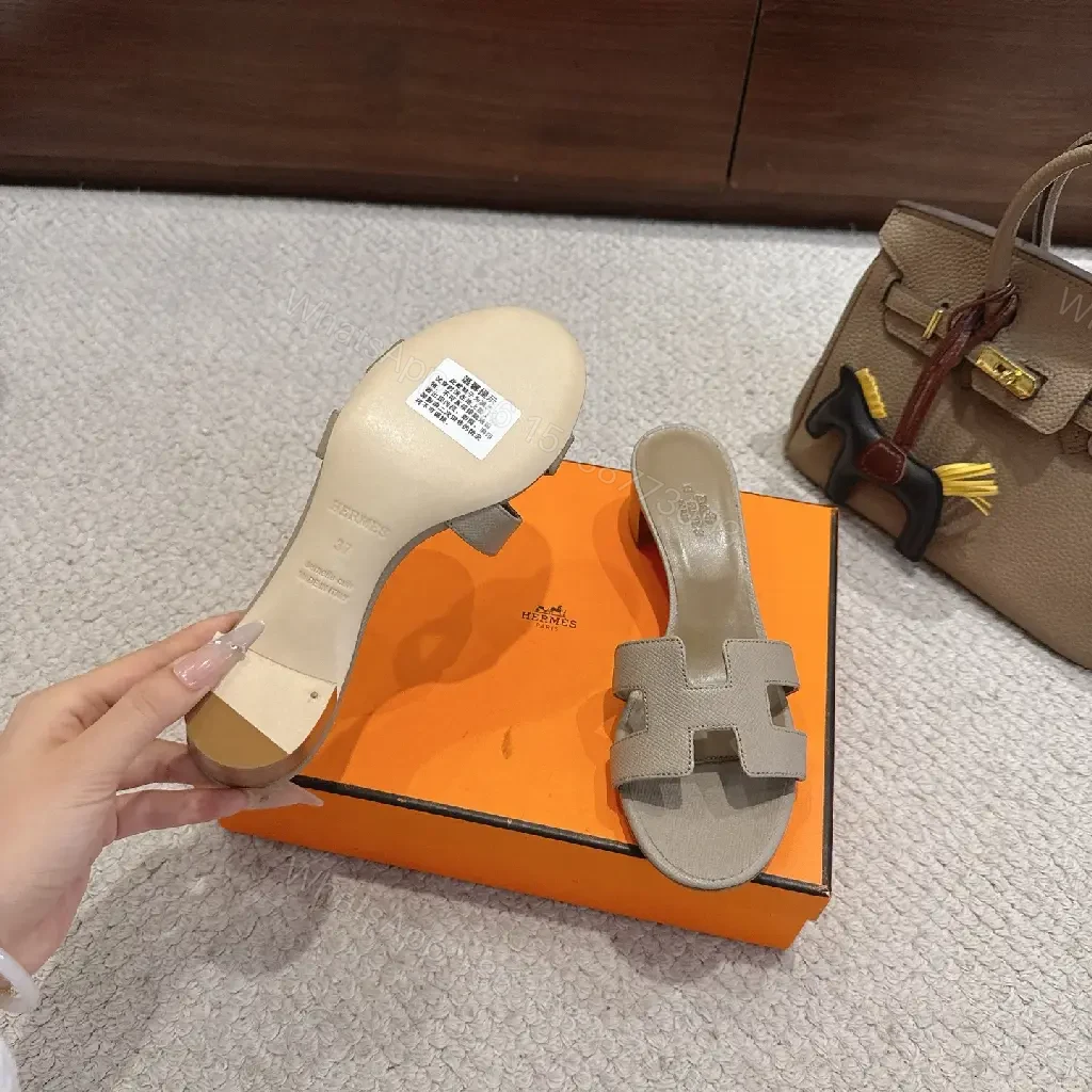View 5 of Grey Leather Hermès-Style Sandals, H-Logo, Open-Toe Slides
