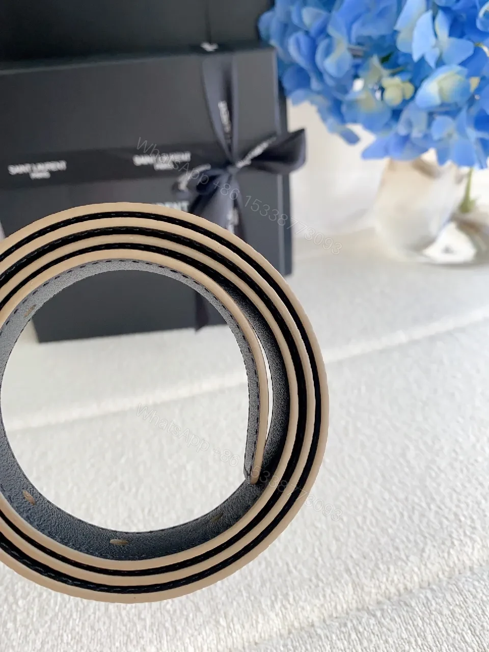 View 4 of Beige Leather Belt with Gold Hardware — Designer-Inspired Style