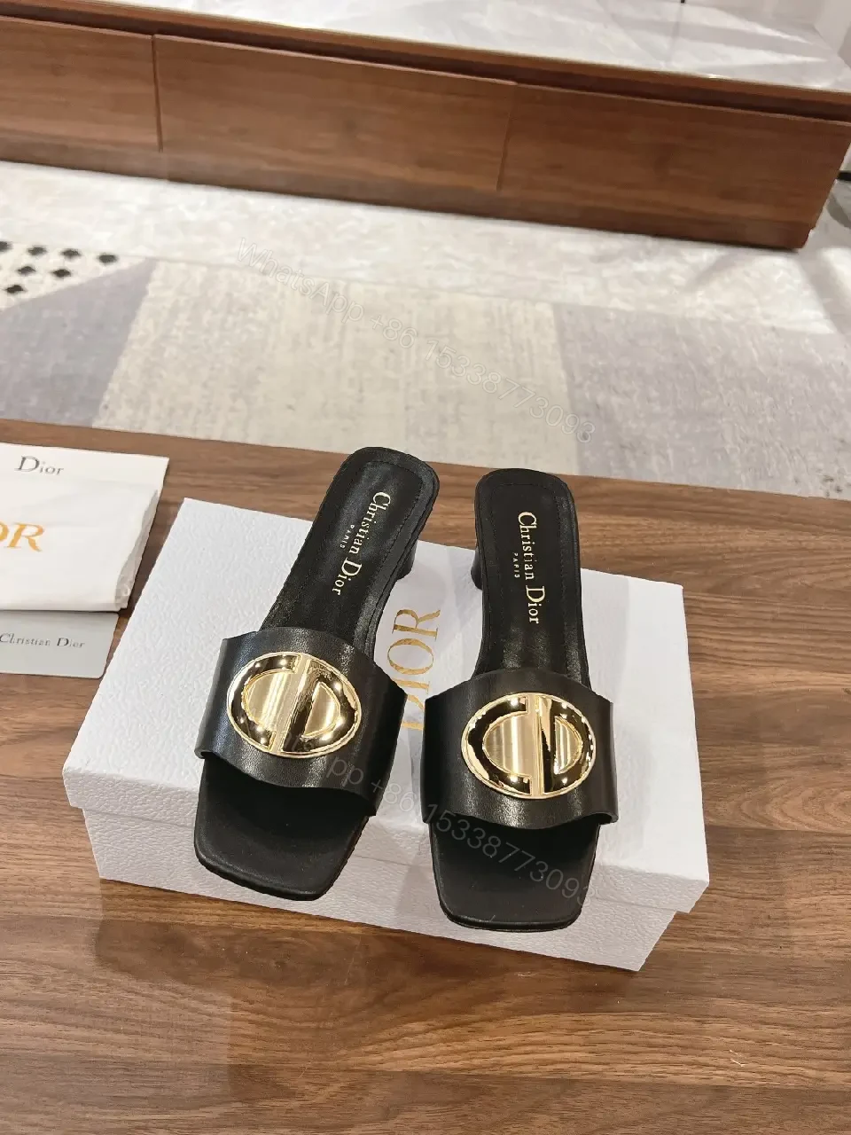 View 2 of Black Leather Sandals with Gold Logo Buckle, Dior Style, Slide Sandals