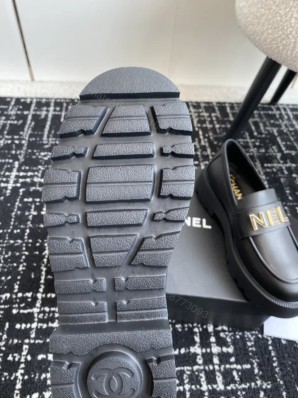 View 9 of Black Leather Loafers with Oversized Gold Logo, Luxe-Edged, Slip-On Shoes