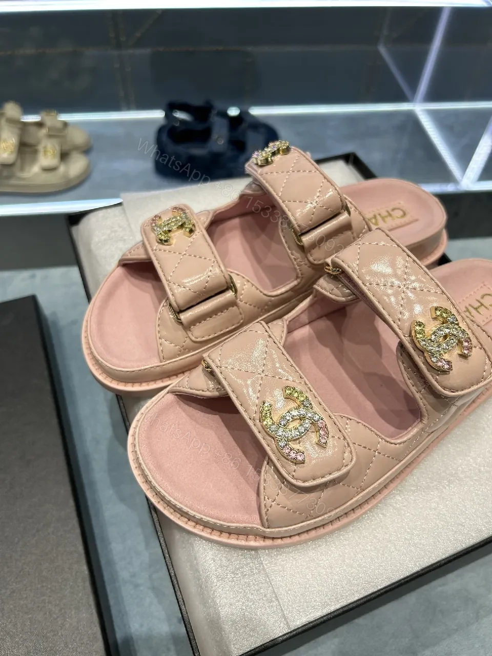 View 6 of Soft Pink Quilted Sandals with Crystal Straps - All-Day Comfort