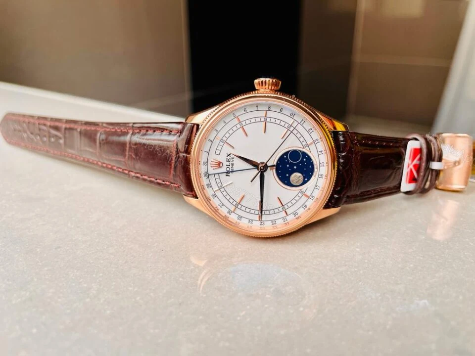 View 8 of Rolex Cellini Moonphase 50535 RG White Dial on Leather Strap Asia 3195 Mod