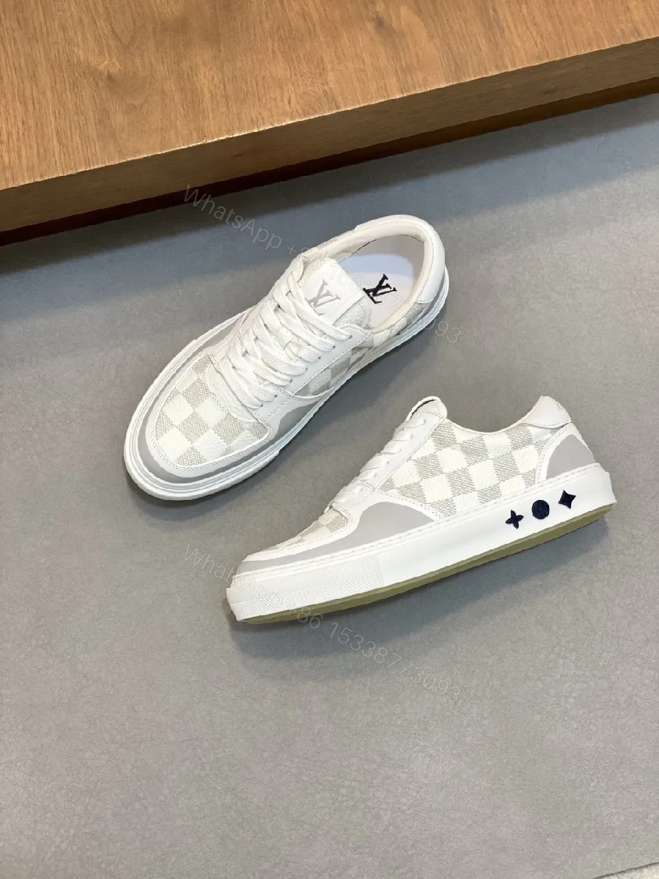 White Checkerboard Leather High-Tops with Subtle LV-Style Accents — view 1