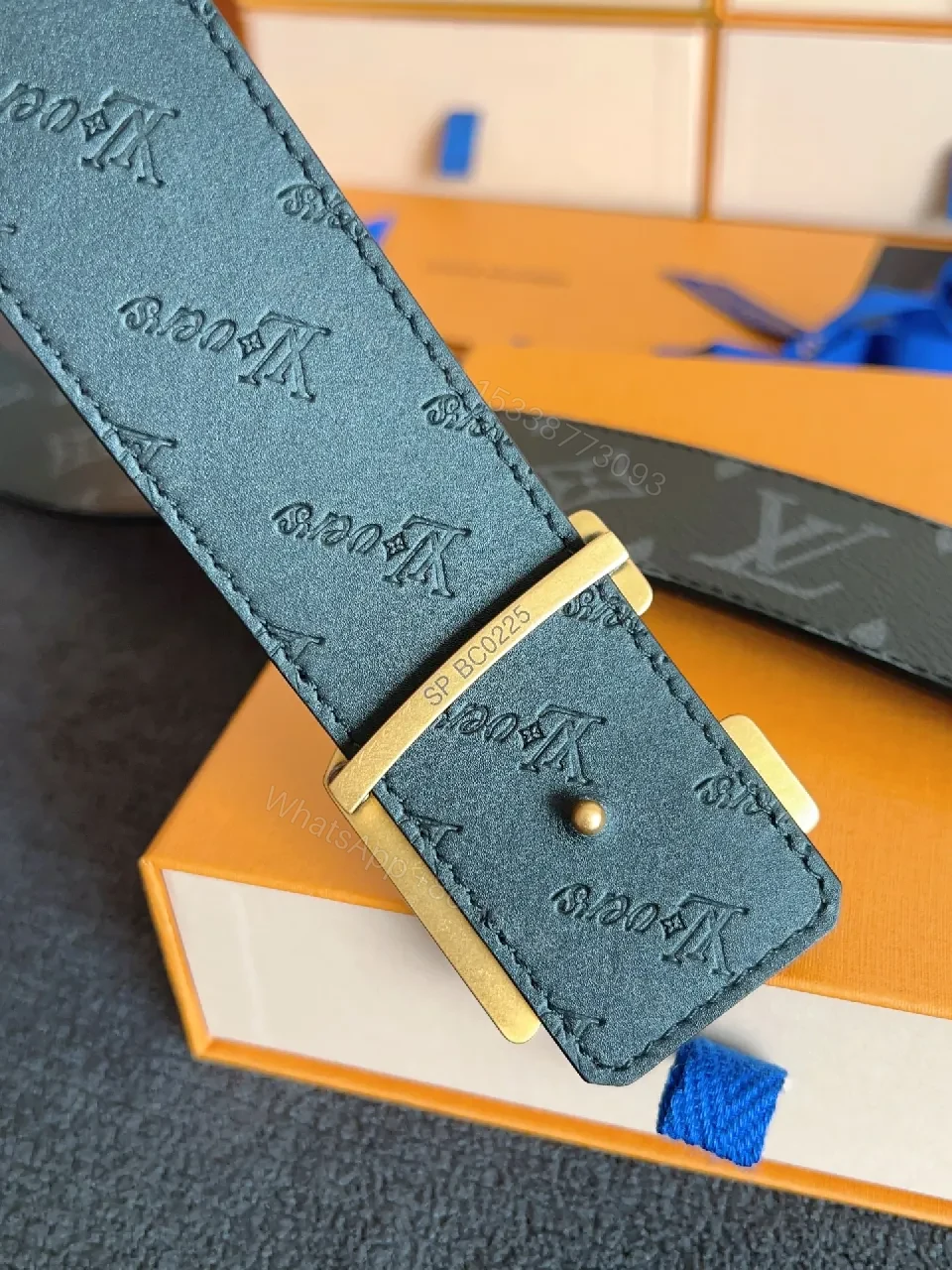 View 5 of Navy Leather Belt + Oversized Gold Buckle + Modern Luxury + Everyday Versatility Belt