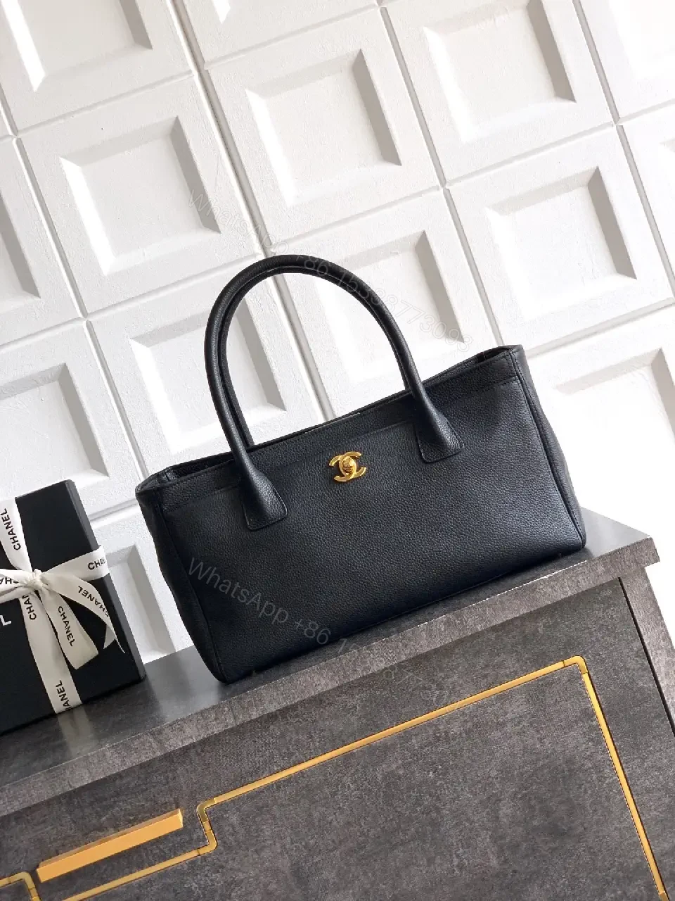View 3 of Structured Black Leather Tote with Gold Closure Tote