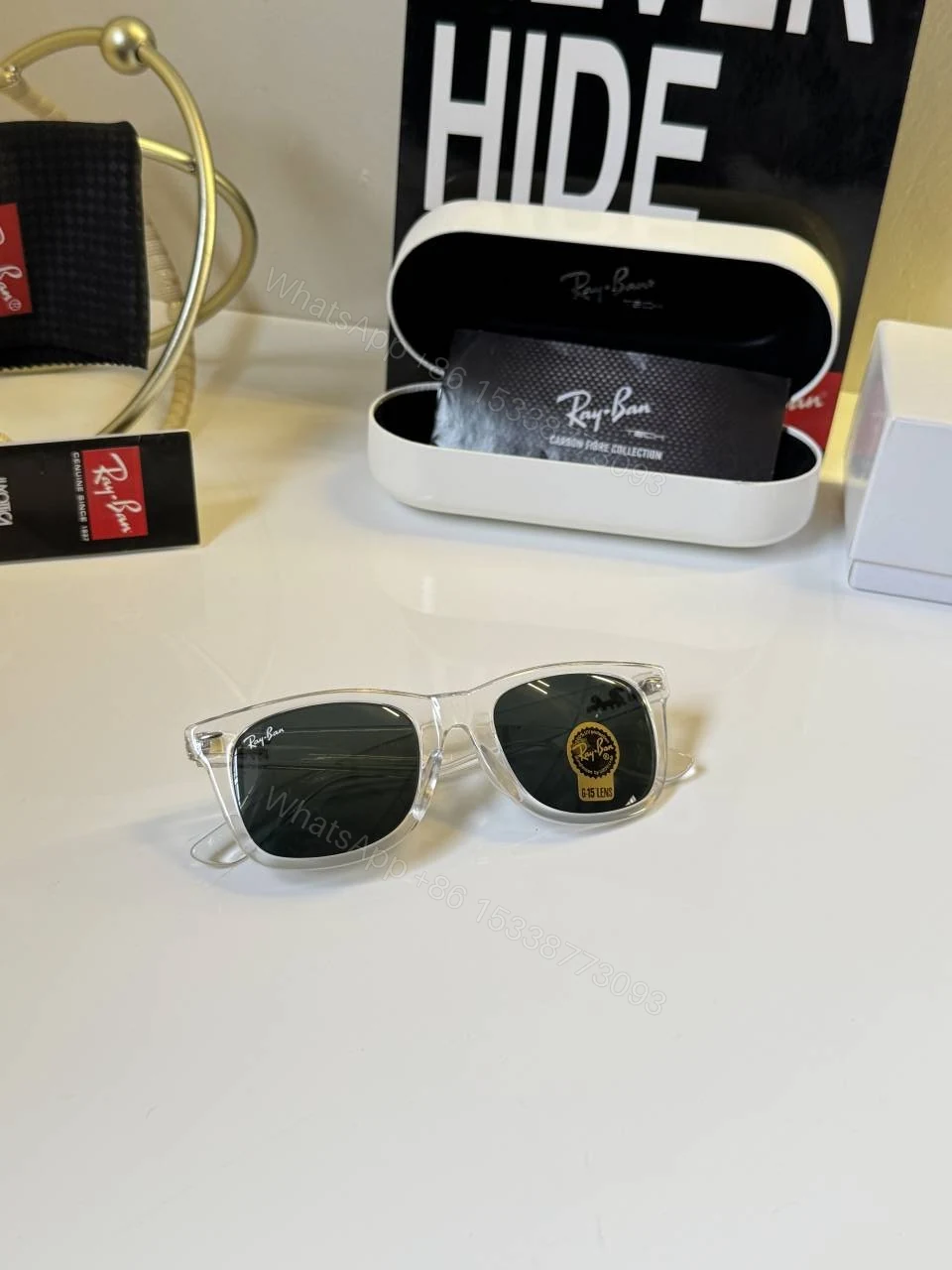 View 3 of First Copy Ray Ban 2140 Wayfarer White Green Men’s Sunglasses Glass Quality