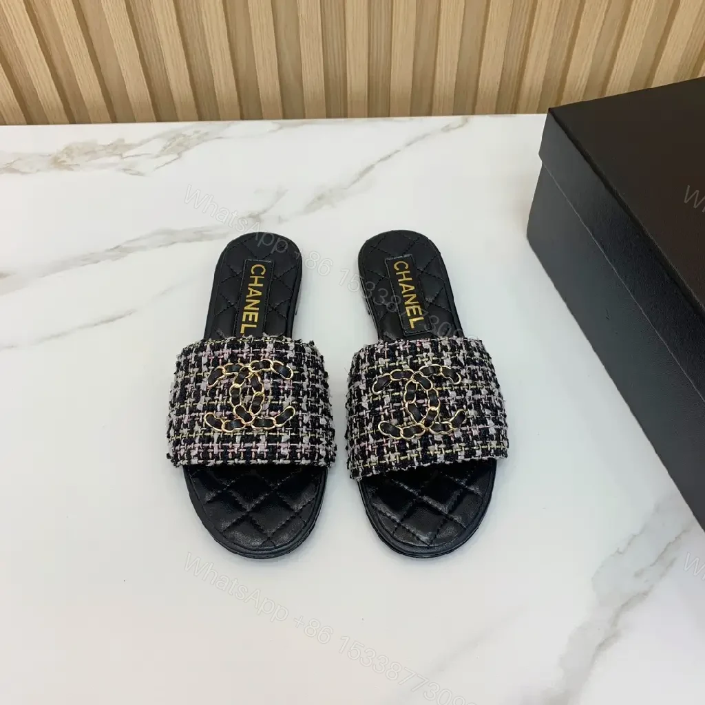 View 7 of Black Tweed Chain Slides Quilted Leather Modern Chanel Logo Sandals