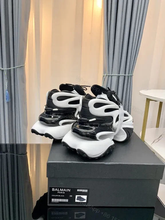 View 8 of Black Leather Knit Balmain-Style High-Top Sneakers with Plush Comfort