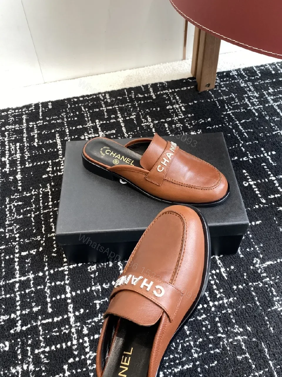 View 4 of Caramel Leather Mules with Bold Logo – Luxury Comfort Slips