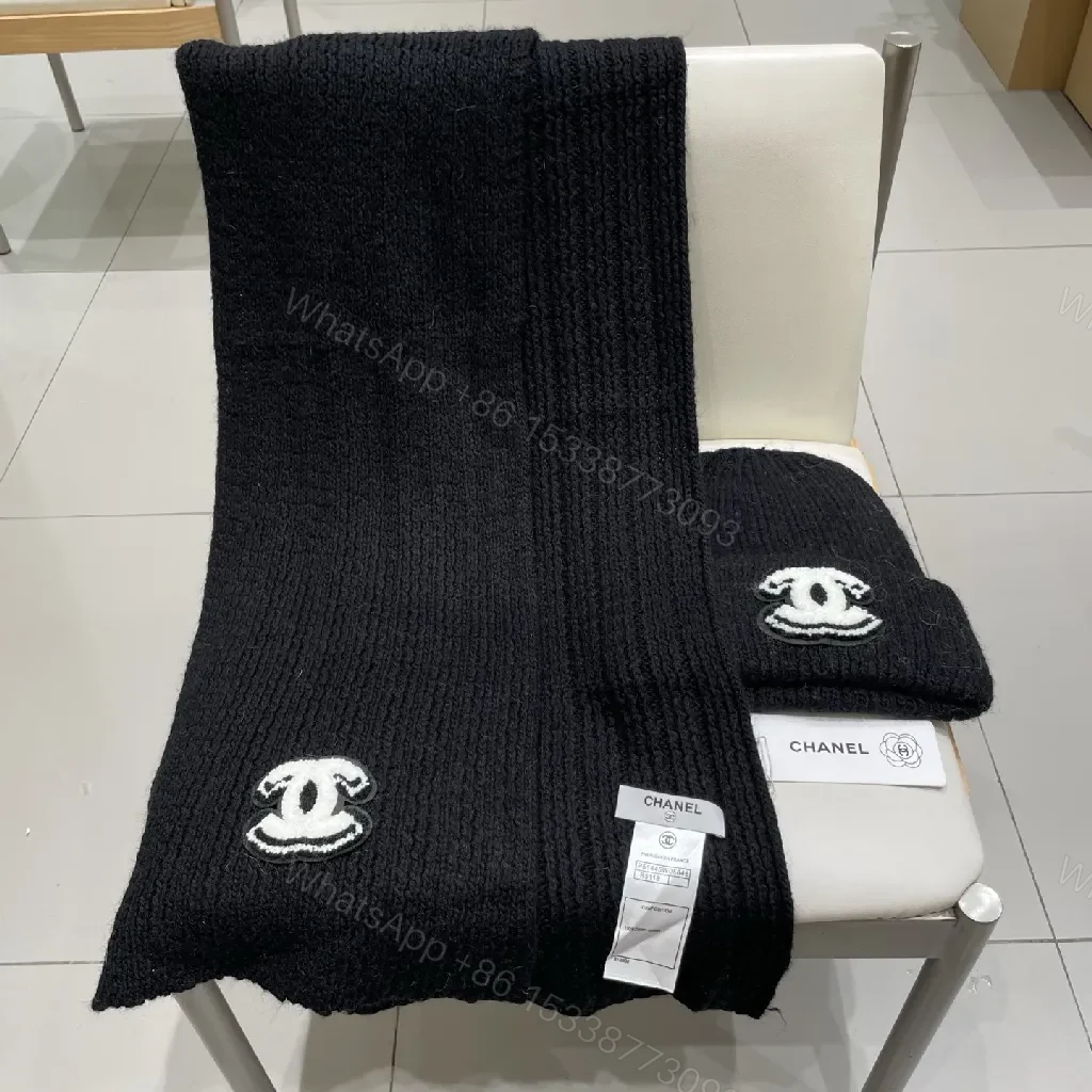 View 3 of Luxe Black Knit Set: Beanie & Scarf with Emblem