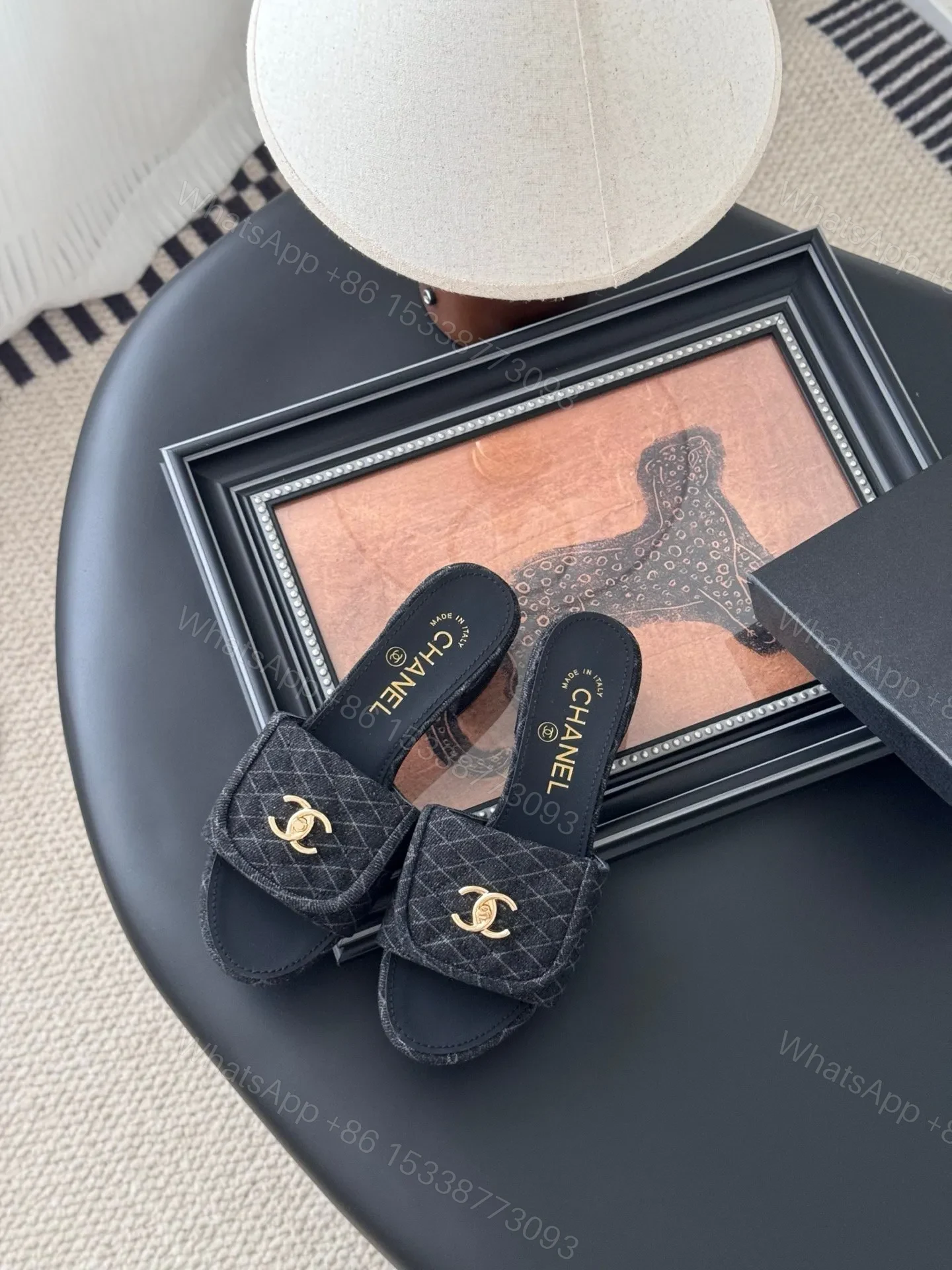 View 2 of Chanel Women Black Quilted Fabric Slides