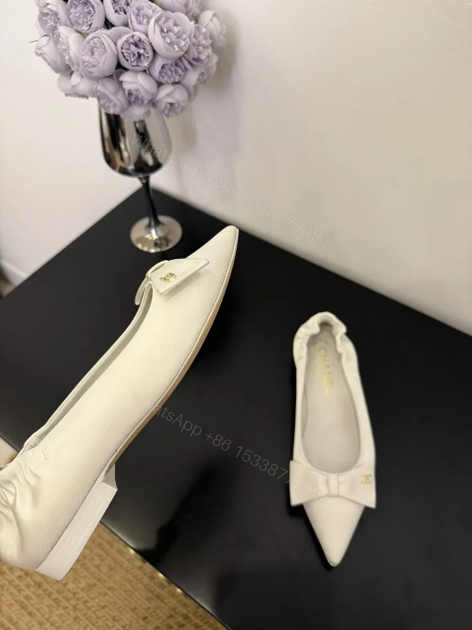 View 3 of White Textured Pointed-Toe Pumps with Bow, Luxury Flat