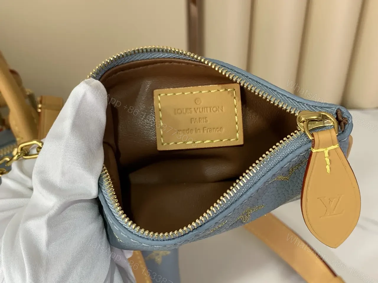 View 3 of Light Blue LV Monogram Tote Bag with Tan Leather Accents