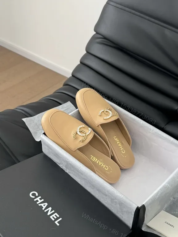 View 2 of Tan Leather Chanel-Style Mules: Signature Hardware, All-Day Comfort
