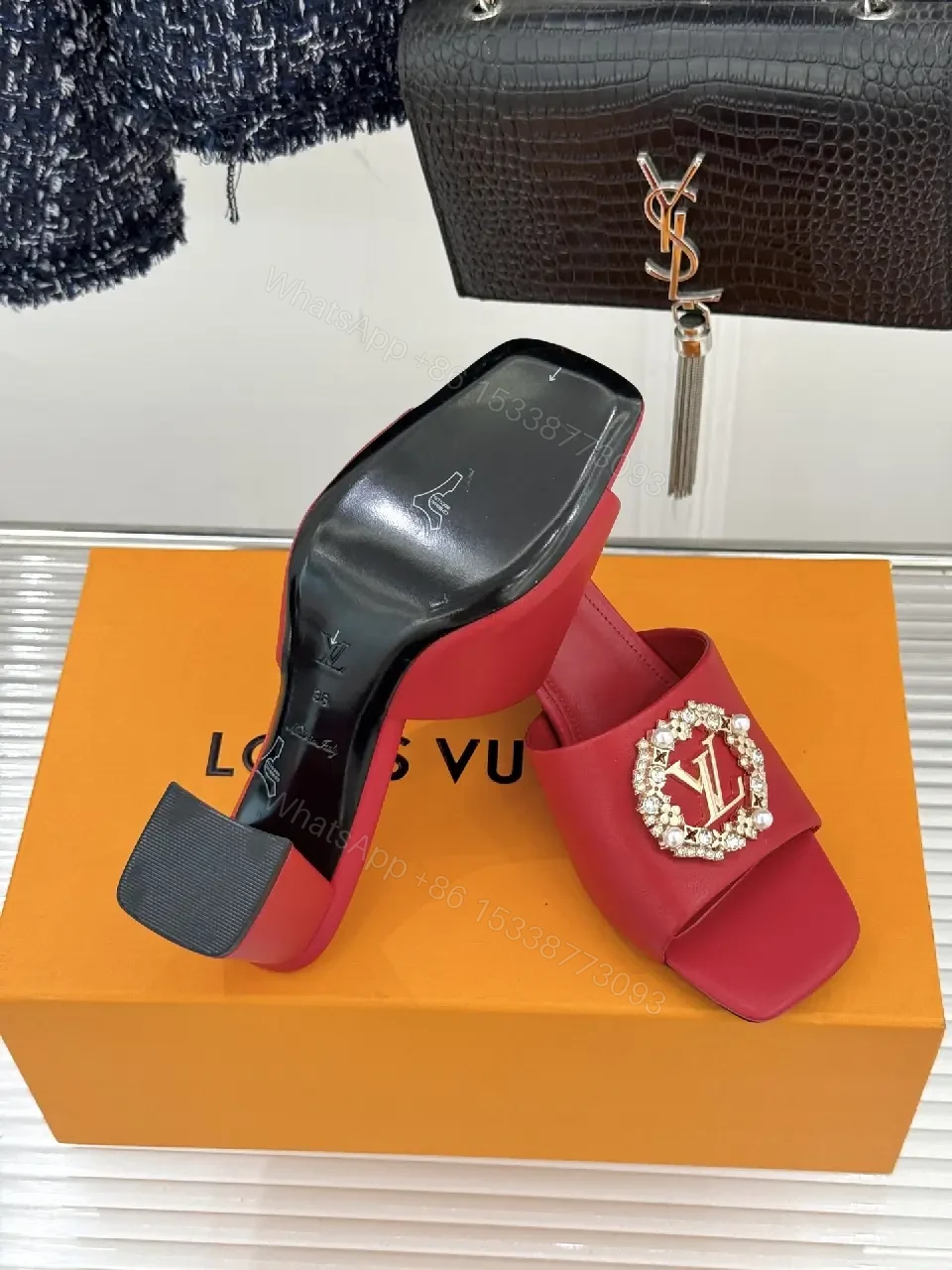 View 8 of Red Satin Luxe Slides with Crystal Buckle - Open-Toe 2-Inch Heel