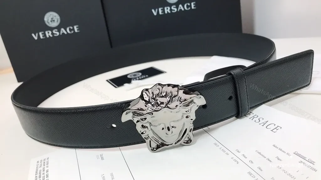 View 5 of Medusa Buckle Belt: Black Leather, Pebbled, Luxury Versace Belt